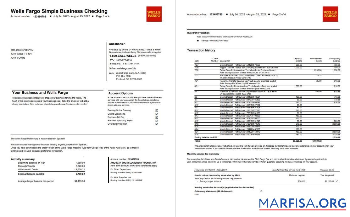 Blank USA Wells Fargo Bank Simple business checking bank statement word 4 pages template
